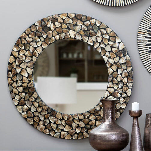Round Black Wall Mirror with Seashell Inlay | Palu