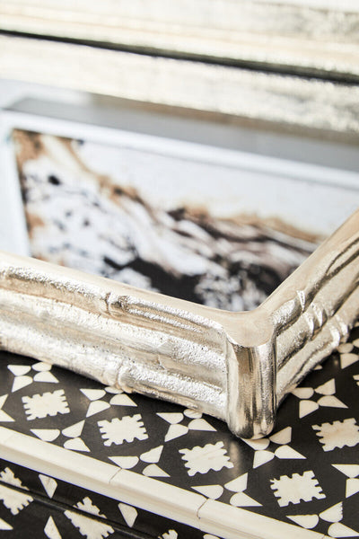 Hiba Silver Finish Bamboo Effect Mirrored Tray