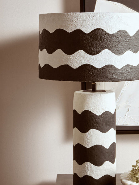 Black and White Curved Stripe Papier Mache Table Lamp | Carta