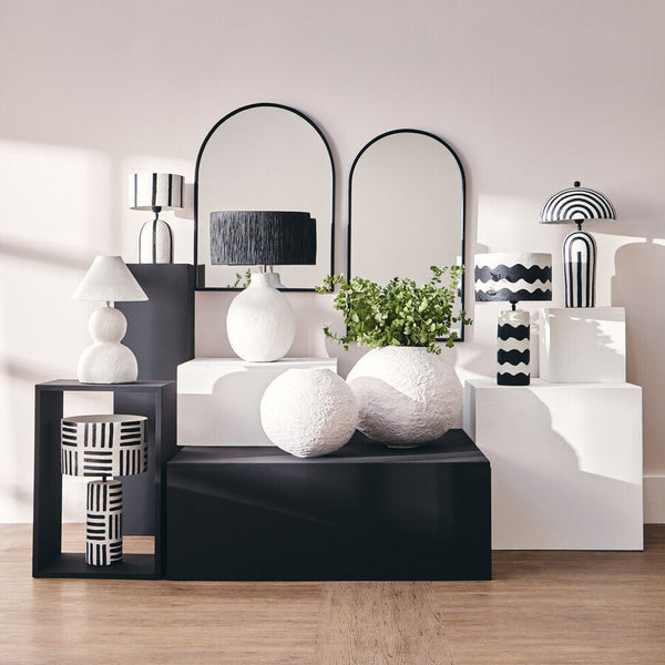 White Papier Mache Table Lamp with Black Raffia Shade | Carta