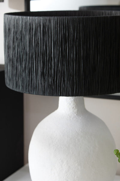 White Papier Mache Table Lamp with Black Raffia Shade | Carta