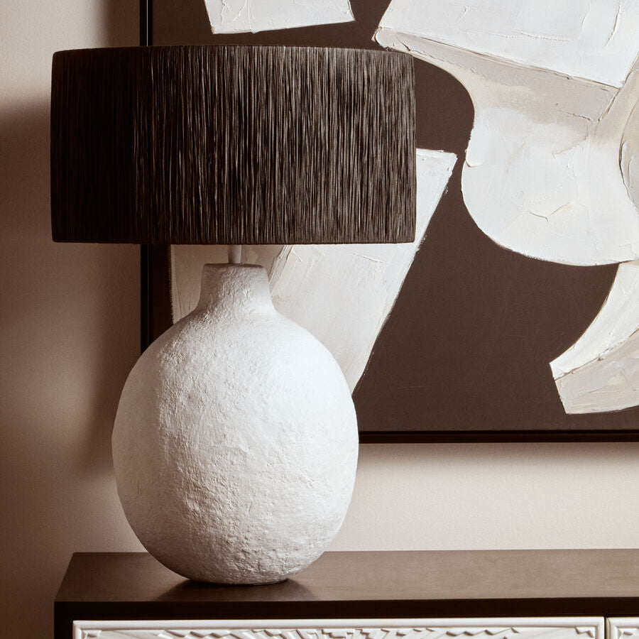 White Papier Mache Table Lamp with Black Raffia Shade | Carta