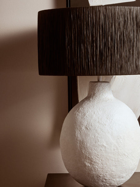 White Papier Mache Table Lamp with Black Raffia Shade | Carta