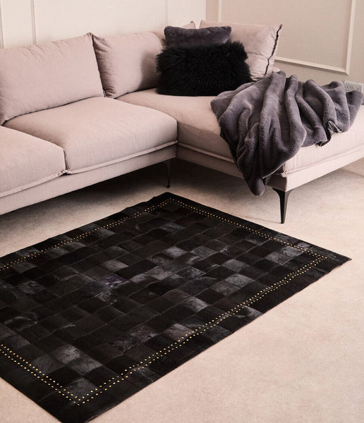 Bosie Safira Small Black hair on leather Patchwork Rug With Gold Studs