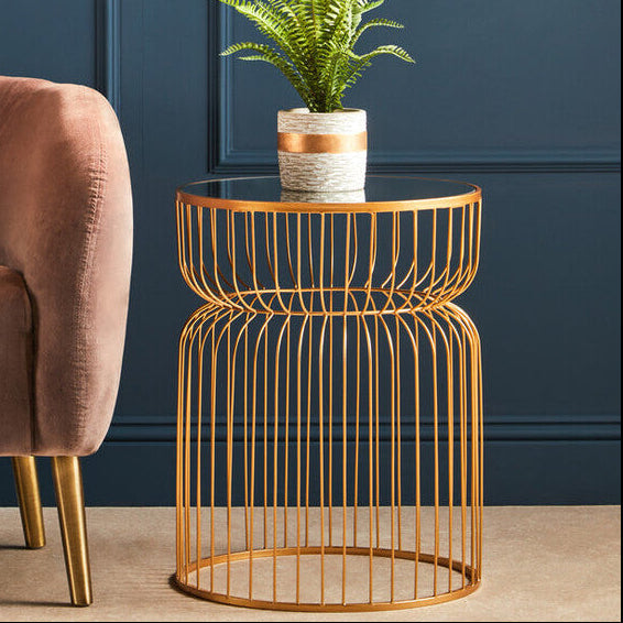 Avantis Gold Finish Round Small Side Table with Cinched Frame Design