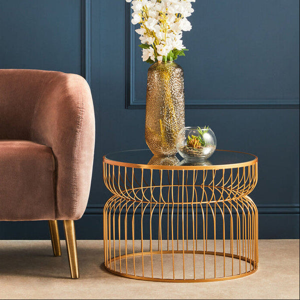 Avantis Gold Finish Round Large Side Table with Cinched Frame Design