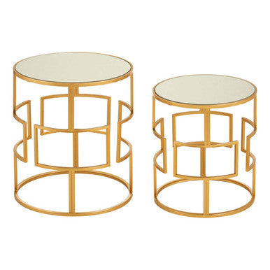 Avantis Gold Finish Set of 2 Round Side Tables with Maze Design