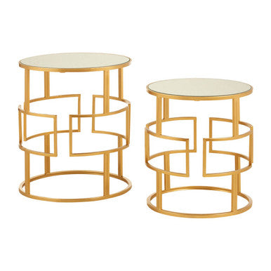 Avantis Gold Finish Set of 2 Round Side Tables with Maze Design