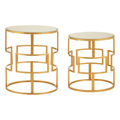 Avantis Gold Finish Set of 2 Round Side Tables with Maze Design