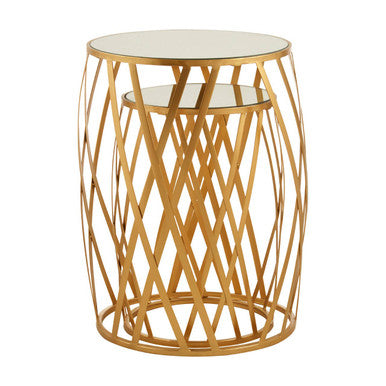 Avantis Gold Finish Set of 2 Round Side Tables with Diamond Design