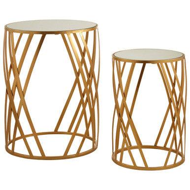 Avantis Gold Finish Set of 2 Round Side Tables with Diamond Design