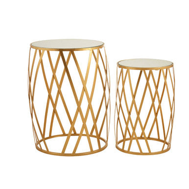 Avantis Gold Finish Set of 2 Round Side Tables with Diamond Design