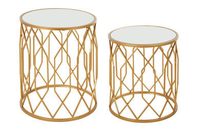 Avantis Gold Finish Set of 2 Round Side Tables with Geometric Design