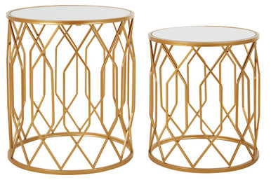 Avantis Gold Finish Set of 2 Round Side Tables with Geometric Design
