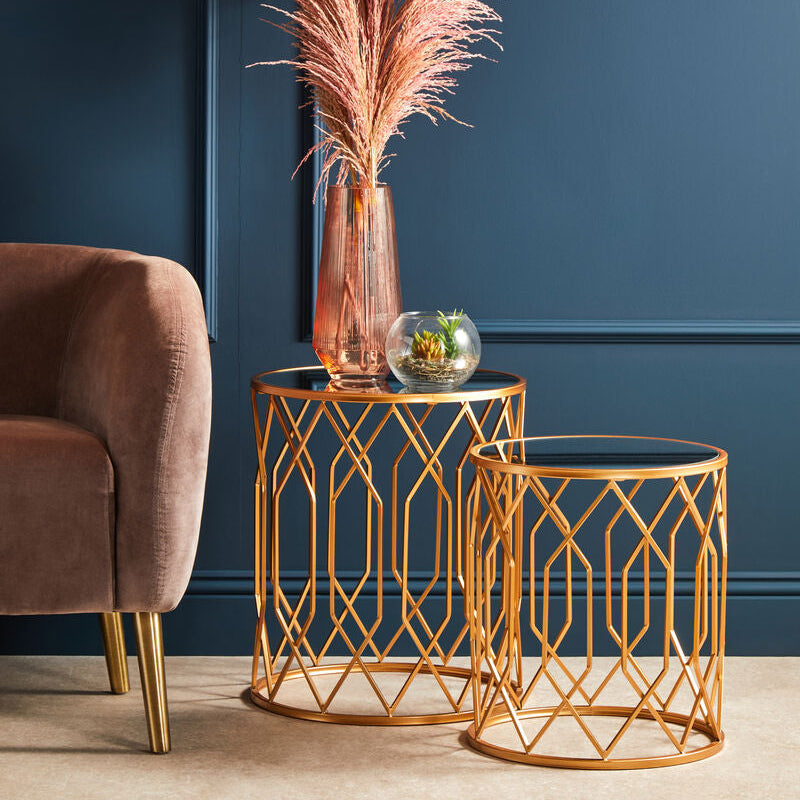 Avantis Gold Finish Set of 2 Round Side Tables with Geometric Design