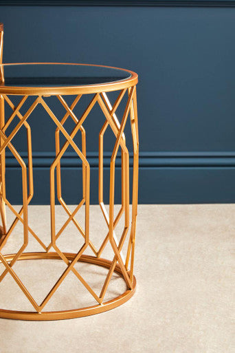 Avantis Gold Finish Set of 2 Round Side Tables with Geometric Design