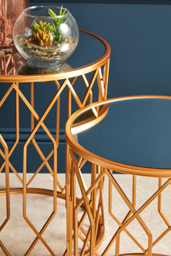 Avantis Gold Finish Set of 2 Round Side Tables with Geometric Design