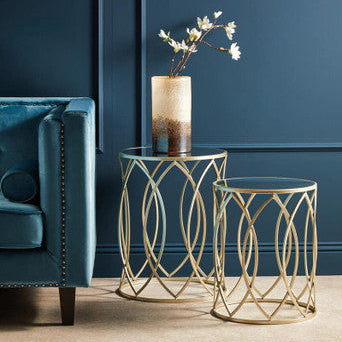 Avantis Gold Finish Set of 2 Round Side Tables with Petal Design