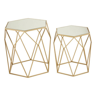 Avantis Champagne Finish Set of 2 Hexagonal Side Tables with Geometric Prism Design