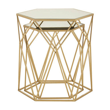 Avantis Champagne Finish Set of 2 Hexagonal Side Tables with Geometric Prism Design