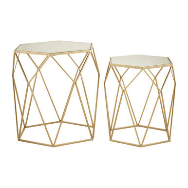 Avantis Champagne Finish Set of 2 Hexagonal Side Tables with Geometric Prism Design