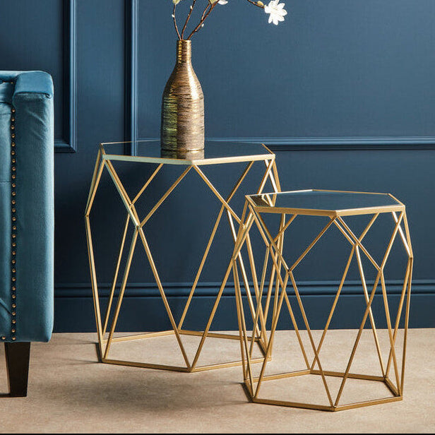 Avantis Champagne Finish Set of 2 Hexagonal Side Tables with Geometric Prism Design