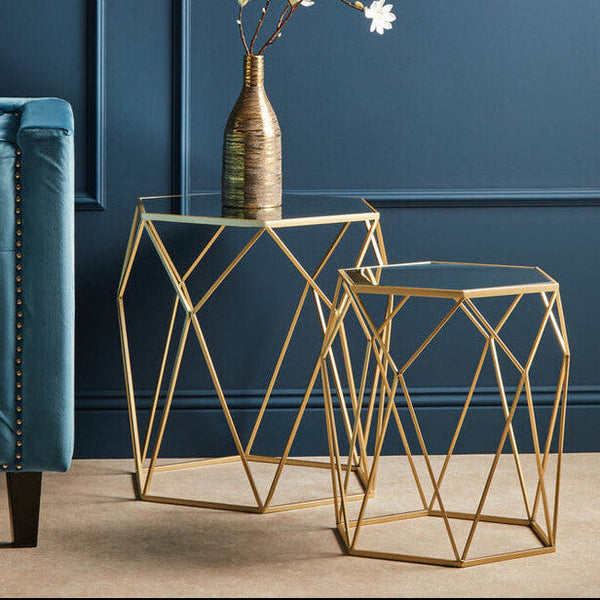 Avantis Champagne Finish Set of 2 Hexagonal Side Tables with Geometric Prism Design