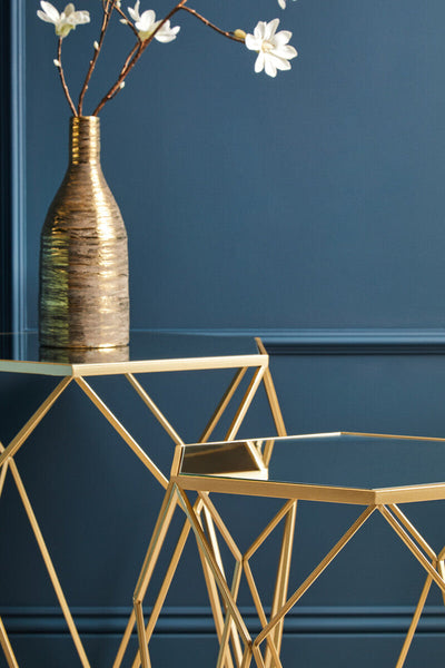 Avantis Champagne Finish Set of 2 Hexagonal Side Tables with Geometric Prism Design