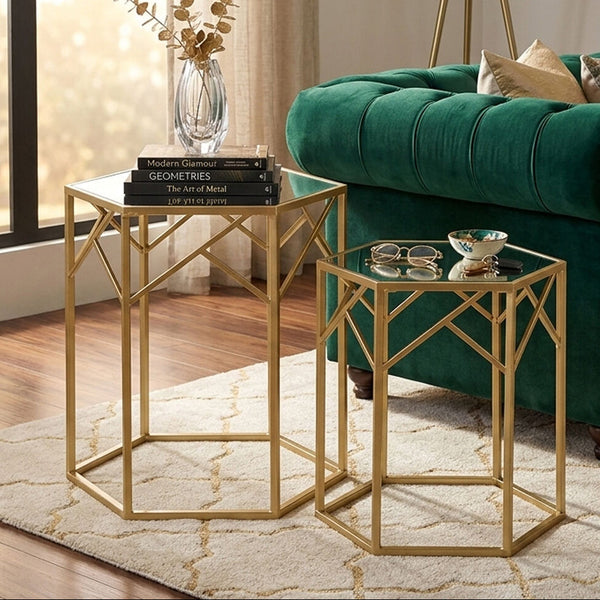 Avantis Champagne Finish Set of 2 Hexagonal Side Tables