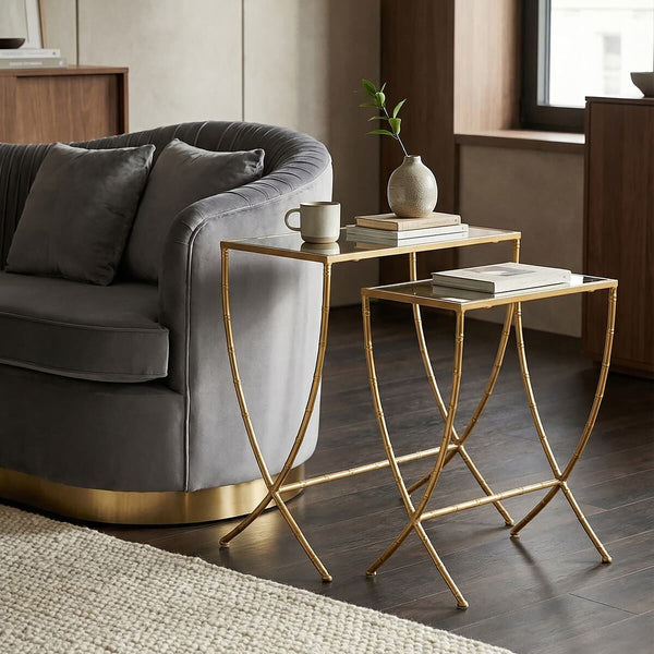 Avantis Gold Finish Set of 2 Rectangular Side Tables with Bamboo Design