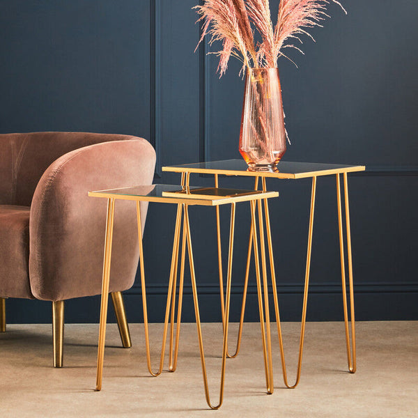 Avantis Gold Finish Set of 2 Rectangular Side Tables with Hairpin Legs