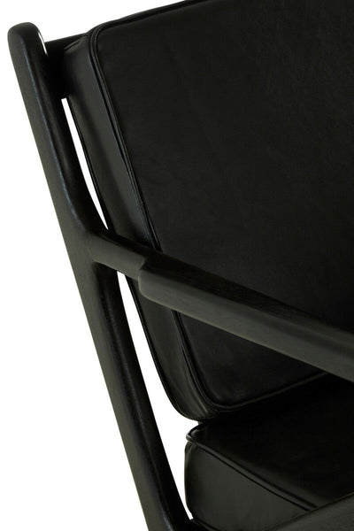 Kendari Black Leather and Teak Wood Frame Armchair