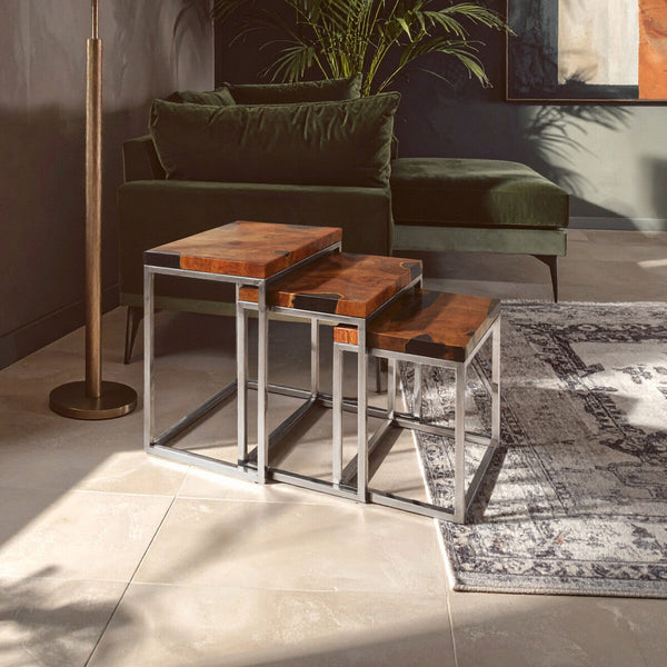 Surak Natural Teak Wood Set of 3 Nesting Tables
