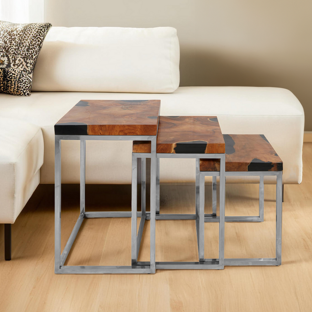 Surak Natural Teak Wood Set of 3 Nesting Tables