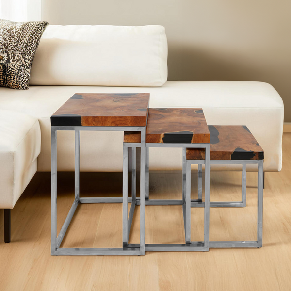 Surak Natural Teak Wood Set of 3 Nesting Tables