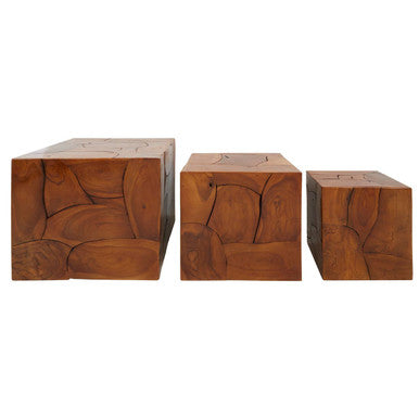 Surak Teak Wood Set of 3 Side Tables and Stools