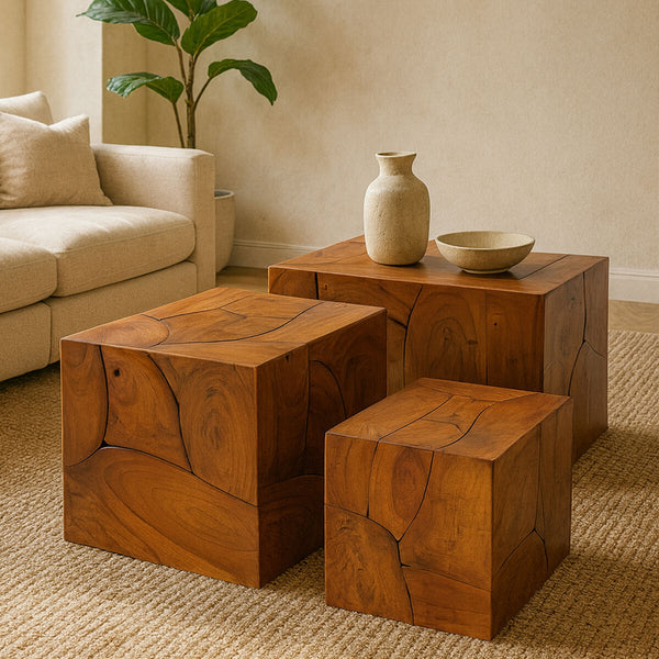 Surak Teak Wood Set of 3 Side Tables and Stools