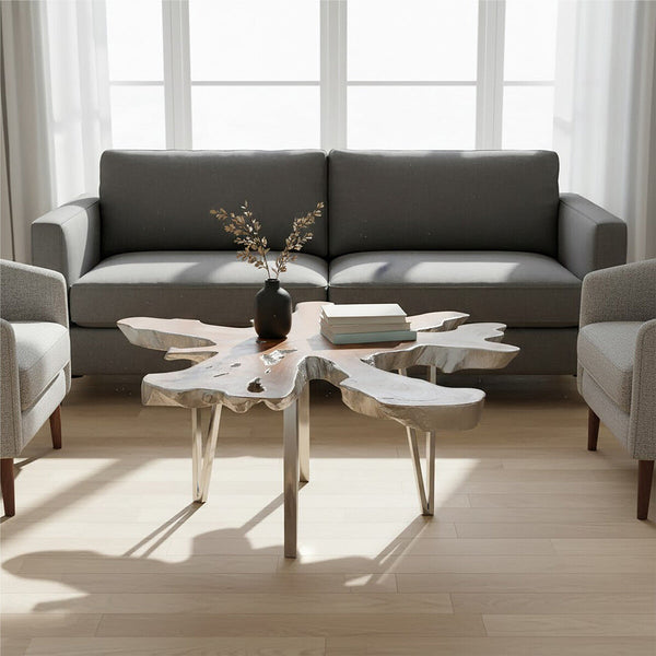 Silver Teak Wood Star Top Coffee Table with Steel Legs | Surak