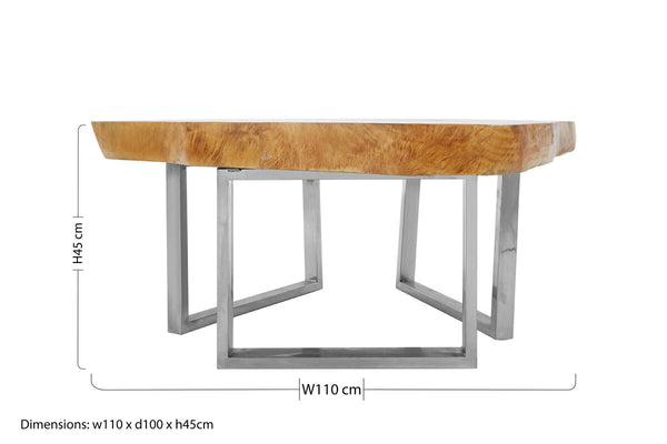 Natural Teak Wood Coffee Table with Silver Steel Frame | Surak