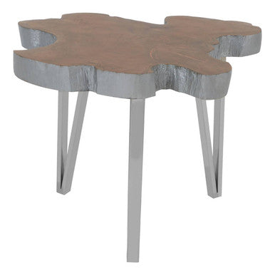 Silver Teak Wood Top Medium Side Table with Stainless Steel Legs | Surak
