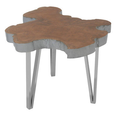 Silver Teak Wood Top Medium Side Table with Stainless Steel Legs | Surak