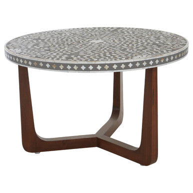 Black and White Mother of Pearl Design Top Round Coffee Table with Wood Base | Fusion