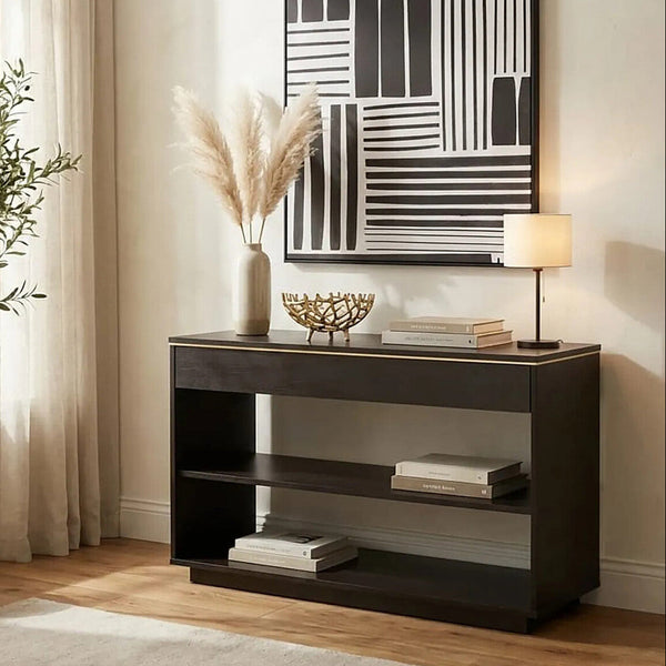 Brown Oak Veneer Wooden Console Table with Storage Space | Diamond
