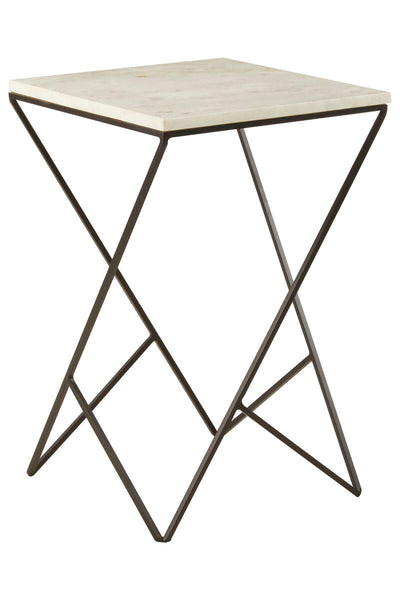 White Marble Top Square Side Table with Black Finish Metal Legs | Shalimar