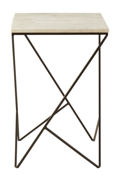 White Marble Top Square Side Table with Black Finish Metal Legs | Shalimar