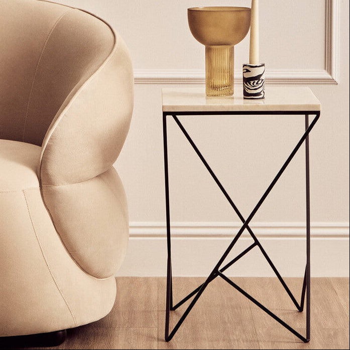 White Marble Top Square Side Table with Black Finish Metal Legs | Shalimar