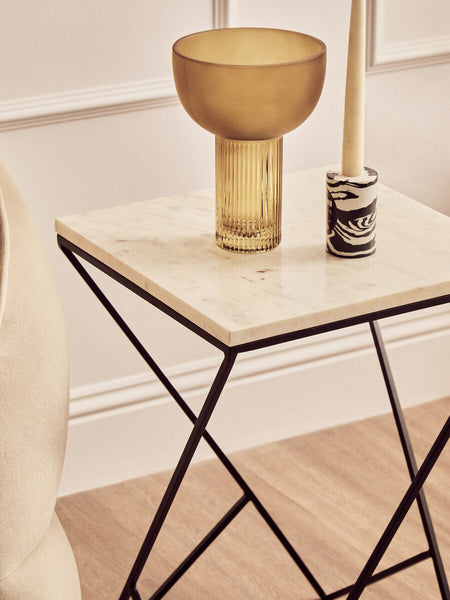 White Marble Top Square Side Table with Black Finish Metal Legs | Shalimar