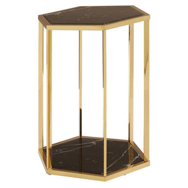 Hexagonal End Table with Black Marble Top and Bottom and Gold Finish Stainless Steel Frame | Piermount
