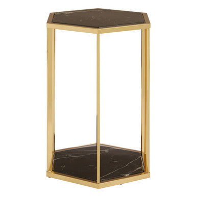 Hexagonal End Table with Black Marble Top and Bottom and Gold Finish Stainless Steel Frame | Piermount