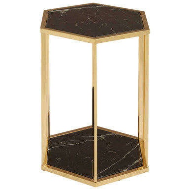 Hexagonal End Table with Black Marble Top and Bottom and Gold Finish Stainless Steel Frame | Piermount